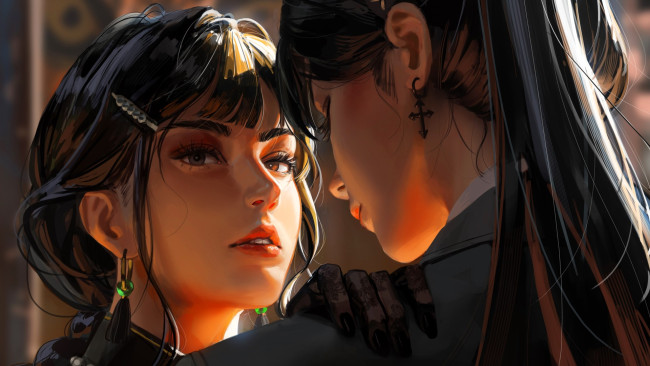 Обои картинки фото рисованное, люди, девушки, лица, разговор, перчатки