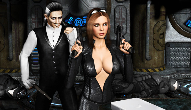 Обои картинки фото 3д графика, фантазия , fantasy, оружие, мужчина, девушка