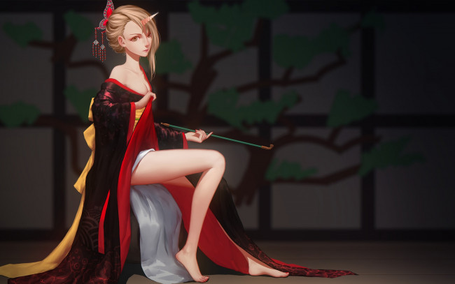 Обои картинки фото аниме, -angels & demons, комната, курительная, трубка, юката, рог, грудь, взгляд, девушка, maredoro, art