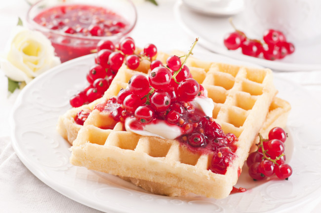 Обои картинки фото еда, пирожные,  кексы,  печенье, десерт, вафли, красная, смородина, ягоды, сливки