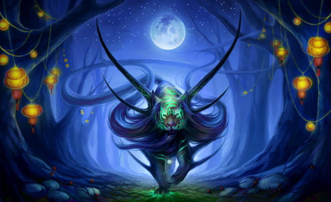 Обои картинки фото фэнтези, существа, jojoesart, тигр, ночь, луна, деревья, фонари