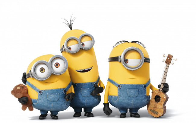 Обои картинки фото мультфильмы, minions, миньоны, мультфильм, трое, желтые, очки, комбинезоны, гитара, игрушка, мишка, плюшевый, белый, фон