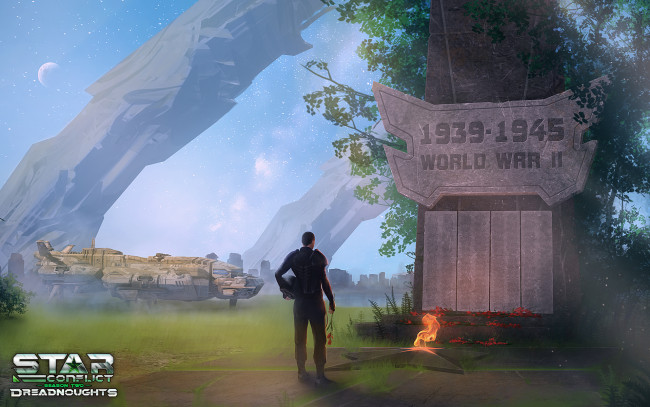 Обои картинки фото star conflict,  dreadnought, видео игры, - star conflict,  dreadnoughts, мемориал, космический, корабль, персонаж