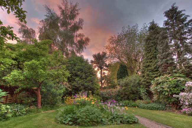 Обои картинки фото природа, парк, цветы, трава, деревья, газон