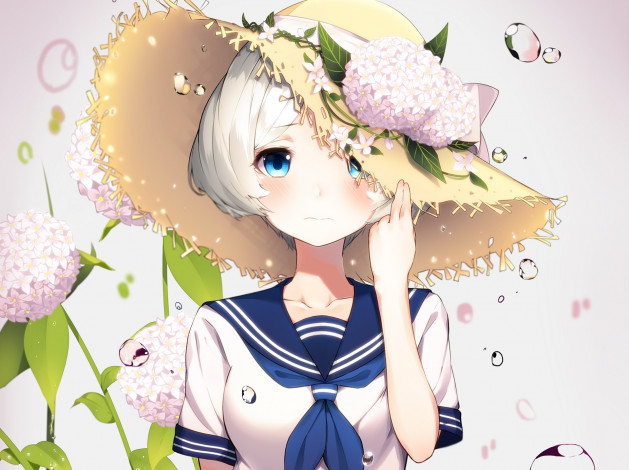 Обои картинки фото аниме, unknown,  другое, шляпа, гортензия, девочка