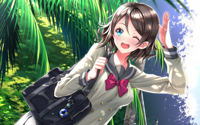 Обои картинки фото аниме, love live,  school idol project, взгляд, девушка, фон