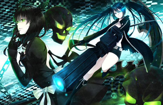 Обои картинки фото black rock shooter, аниме, взгляд, фон, девушка