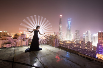 Картинка девушки -unsort+ брюнетки +шатенки девушка поза крыша ночной город платье