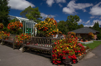 Картинка природа парк цветы скамейки дом деревья облака