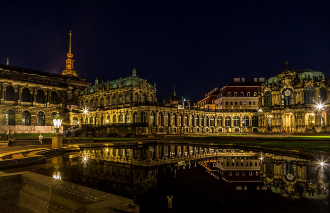 Обои картинки фото дрезден, города, дрезден , германия, водоем, фонари, здания, ночь