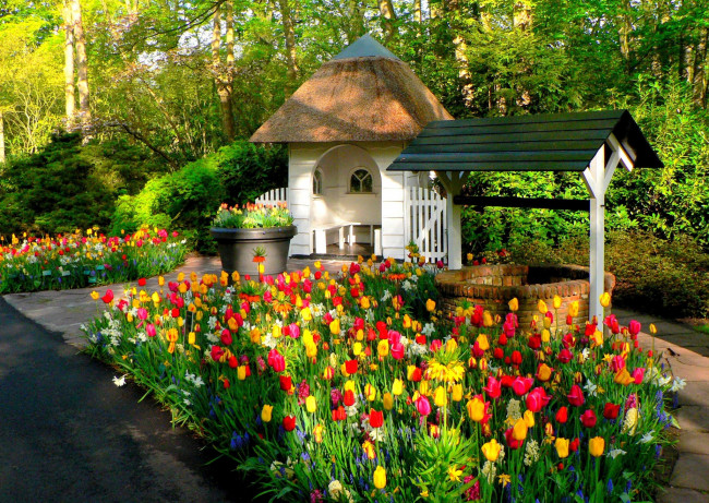 Обои картинки фото разное, садовые и парковые скульптуры, тюльпаны, колодец, беседка, деревья