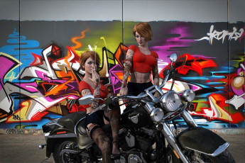 Картинка 3д+графика люди-авто мото+ people-+car+ +moto девушки взгляд фон