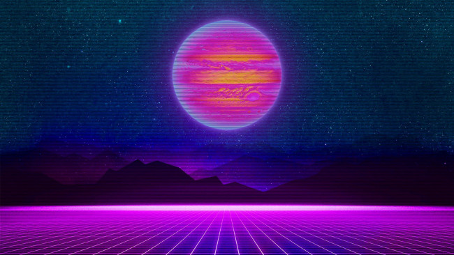 Обои картинки фото векторная графика, природа , nature, synthpop, synth, retrowave, юпитер, electronic, darkwave, звезды, горы, pop, synthwave, неон, фон, синти, синти-поп, johnleepee, музыка, космос, планета
