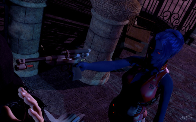 Обои картинки фото 3д графика, существа , creatures, девушка, взгляд, фон, оружие