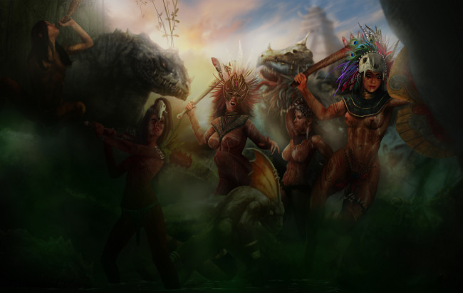 Обои картинки фото фэнтези, красавицы и чудовища, фон, оружие, взгляд, девушки