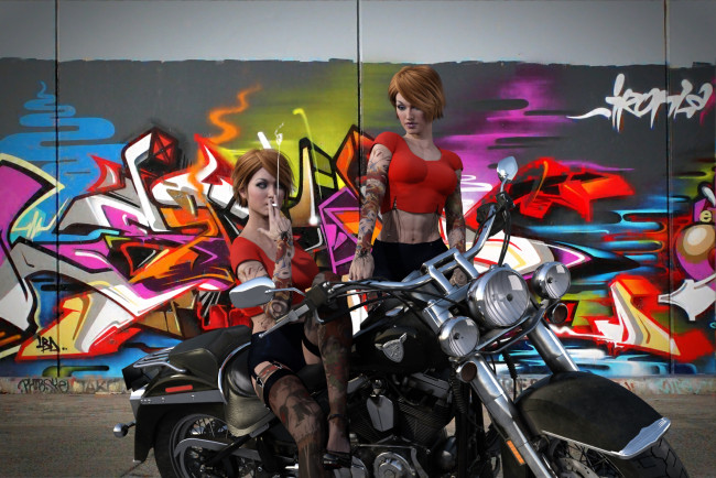 Обои картинки фото 3д графика, люди-авто, мото , people- car ,  moto, девушки, взгляд, фон