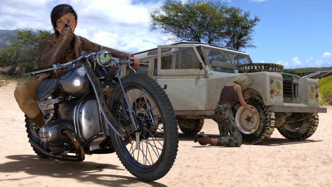 Обои картинки фото 3д графика, люди-авто, мото , people- car ,  moto, фон, девушки, взгляд