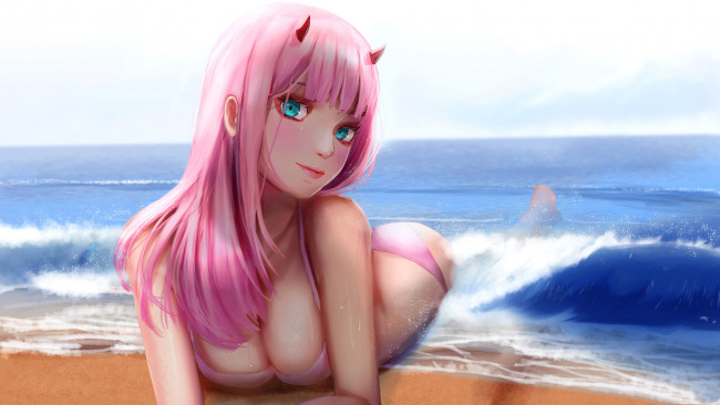 Обои картинки фото аниме, darling in the frankxx, рожки, море, взгляд, девушка, фон