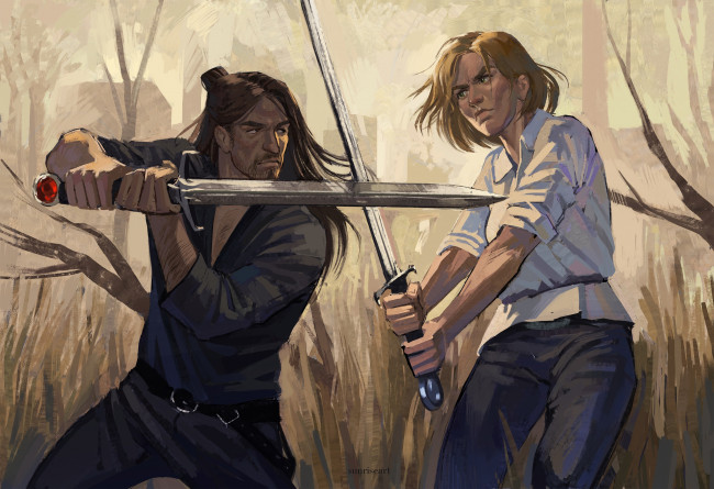 Обои картинки фото рисованное, люди, мужчина, женщина, мечи, бой