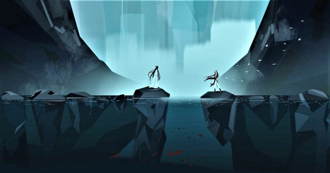 Обои картинки фото аниме, mo dao zu shi, вэй, усянь, лань, ванцзы, скалы, камни, озеро