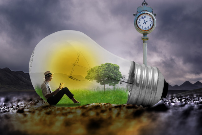 Обои картинки фото разное, компьютерный дизайн, человек, дерево, лампочка, часы, горы