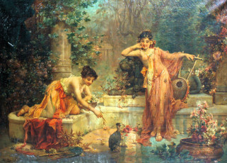 Картинка рисованное hans+zatzka женщины птица инструмент ступени сад