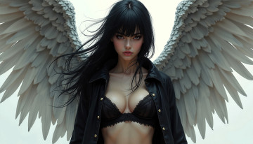 обоя фэнтези, ангелы, девушка, ангел, брюнетка, крылья, рубашка, белье