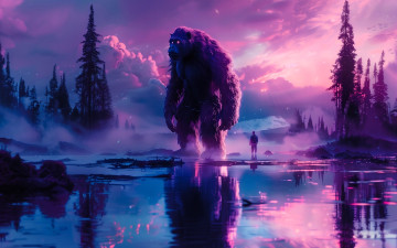 Картинка фэнтези существа йети человек озеро туман деревья горы
