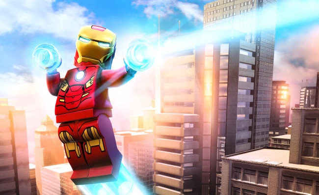 Обои картинки фото видео игры, lego marvel super heroes, железный, человек, костюм, город, лего