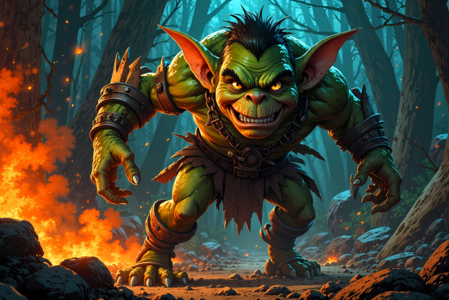 Обои картинки фото фэнтези, существа, гоблин, лес, камни, огонь