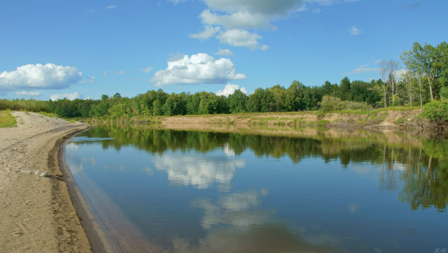 Обои картинки фото ветлуга, природа, реки, озера, лес, пляж, берег, река, облака