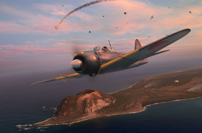 Обои картинки фото japanese a6m5 mod,  52 zero, авиация, 3д, рисованые, v-graphic, самолет, рисунок, небо