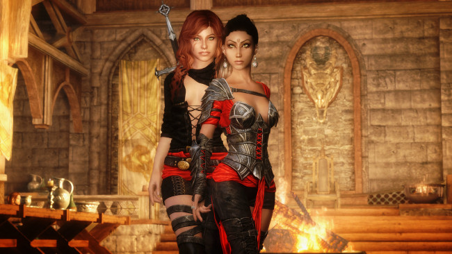 Обои картинки фото видео игры, the elder scrolls v,  skyrim, взгляд, девушки, оружие, фон