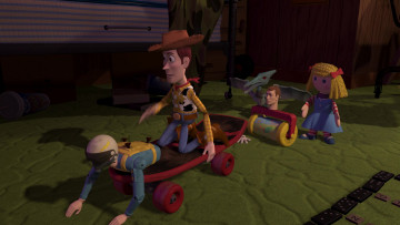 обоя мультфильмы, toy story, ковбой, игрушка, скейт, домино, кукла