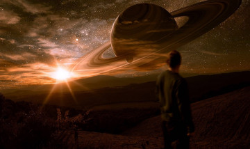 Картинка космос арт свет облака звезды человек кольца небо лес