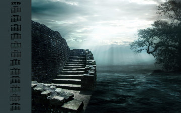 Картинка календари фэнтези стена водоем ступени дерево