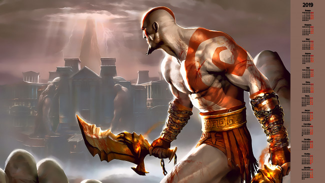 Обои картинки фото календари, видеоигры, мужчина, оружие, здание, строение, воин