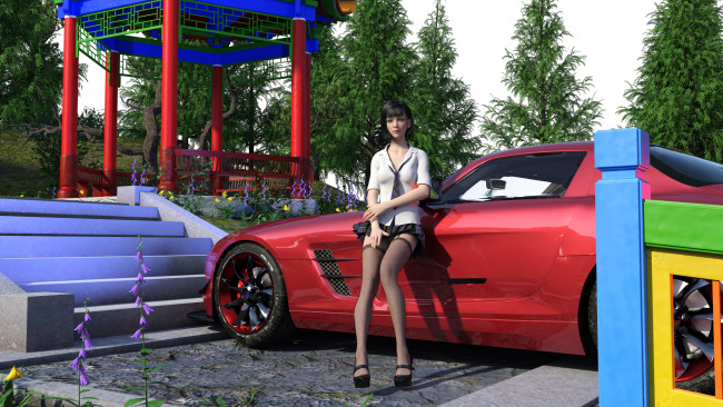 Обои картинки фото 3д графика, люди-авто, мото , people- car ,  moto, фон, взгляд, девушка