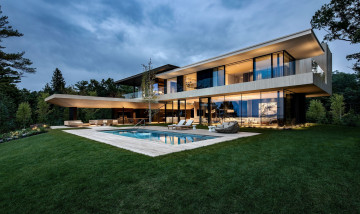 Картинка города -+здания +дома вилла вечер бассейн освещение архитектура canada терраса ontario lake huron by saota residence