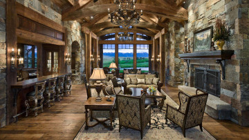 Картинка интерьер гостиная камин мягкий уголок люстра