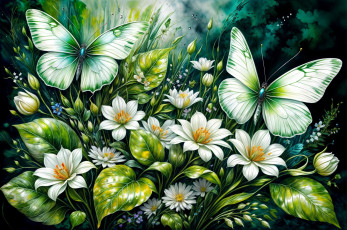 обоя рисованное, цветы, листья, бутоны, бабочки