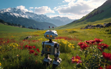 Картинка 3д+графика научная+фантастика+ science+fiction робот горы облака долина трава луга цветы