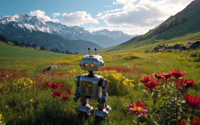 Обои картинки фото 3д графика, научная фантастика , science fiction, робот, горы, облака, долина, трава, луга, цветы