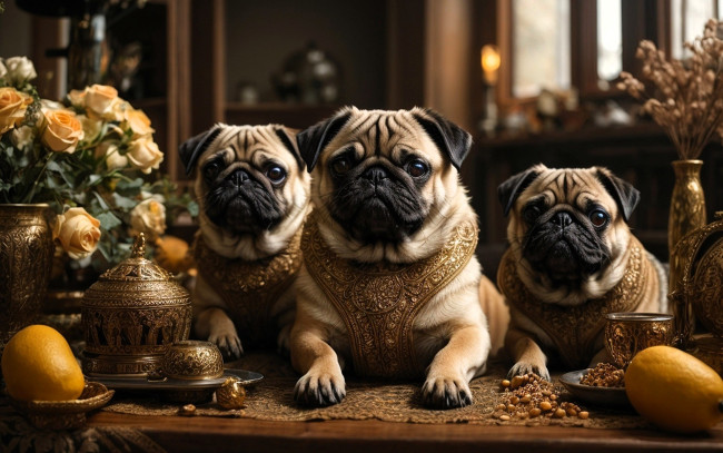 Обои картинки фото 3д графика, животные , animals, собаки, мопсы, украшения, стол, посуда, лимоны, цветы