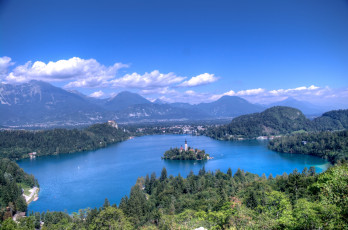 Картинка озеро блед словения города церковь деревья горы