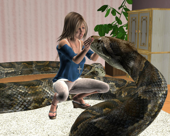 Обои картинки фото 3д графика, фантазия , fantasy, комната, удав, девушка