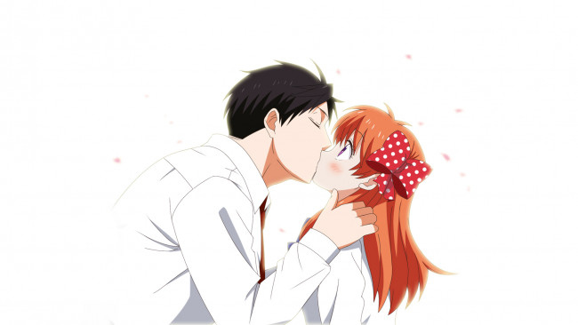 Обои картинки фото аниме, gekkan shoujo nozaki-kun, nozaki, umetarou, gekkan, shoujo, nozaki-kun, арт, поцелуй, двое, парень, девушка, sakura, chiyo