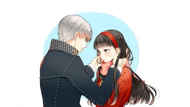 Обои картинки фото аниме, persona 4, narukami, yuu, белый, фон, девушка, amagi, yukiko, арт, парень