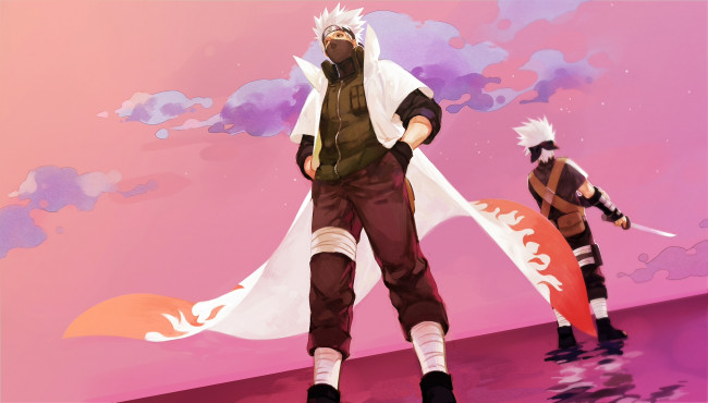 Обои картинки фото аниме, naruto, закат, облака, море, kakashi, hatake, art
