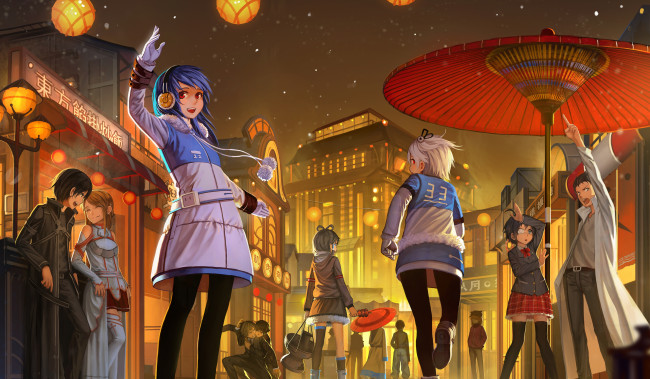 Обои картинки фото аниме, *unknown , другое, sword, art, online, gintama, арт, ночь, улица, фонари, парни, девушки, разное